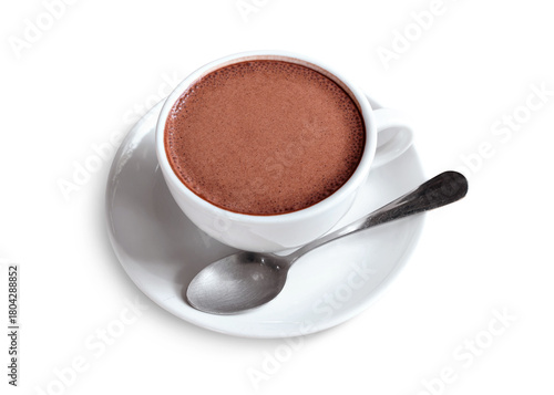 Drinking Chocolate. Dark Hot Cocoa in cup with small spoon on white plate isolated on transparent background or png file.