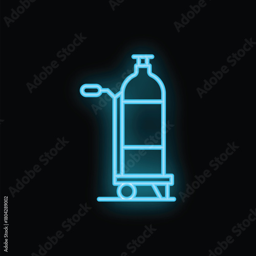 Blue neon sign of a bellhop cart shining on a black background