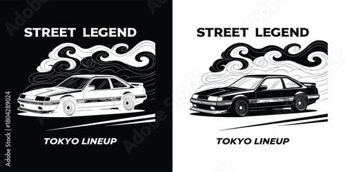 Street legend tokyo lineup graphic with a classic car illustration on black and white backgrounds