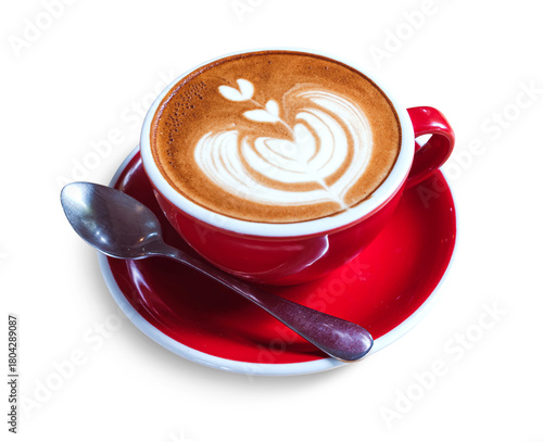 Hot coffee cappuccino latte art with small heart design in cup with small spoon on red plate placed isolated on transparent background or png file.