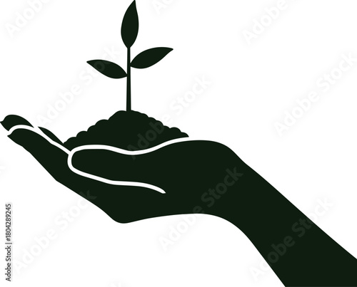 Nurturing Growth: A Symbolic depiction of a hand cradling a seedling, signifying the care and cultivation of new beginnings and environmental consciousness.