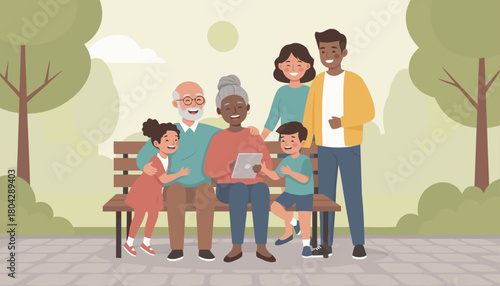 Happy Multigenerational Family Enjoying Time Together in the Park – Flat Illustration