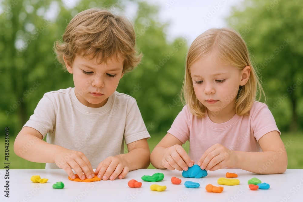 Fototapeta premium Two Young Children Playfully Shaping Colorful Modeling Clay Together Outdoors on a White Table