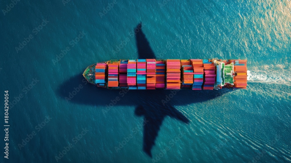 Fototapeta premium Cargo Container Ship Sailing on Blue Sea: Global Trade, Distribution, and Logistics Aerial View