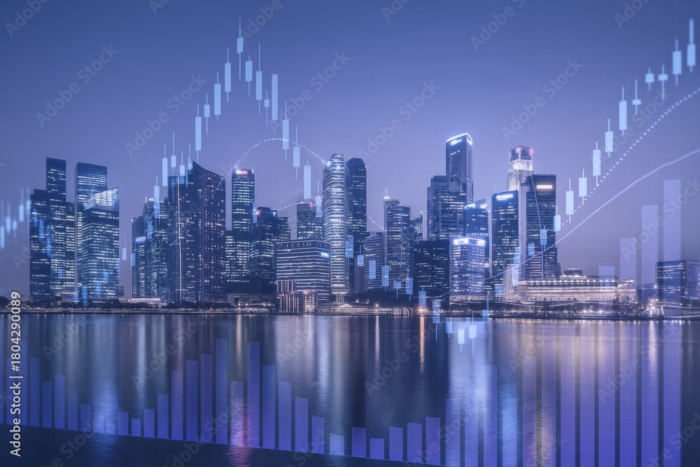 Fototapeta premium Cityscape at Night with Financial Chart Overlay: Business, Investment, and Economic Growth Concept