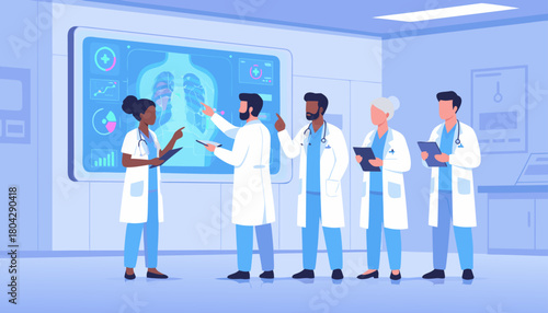 Medical Team Reviewing Digital X-Ray Scan in Modern Hospital – Vector Illustration