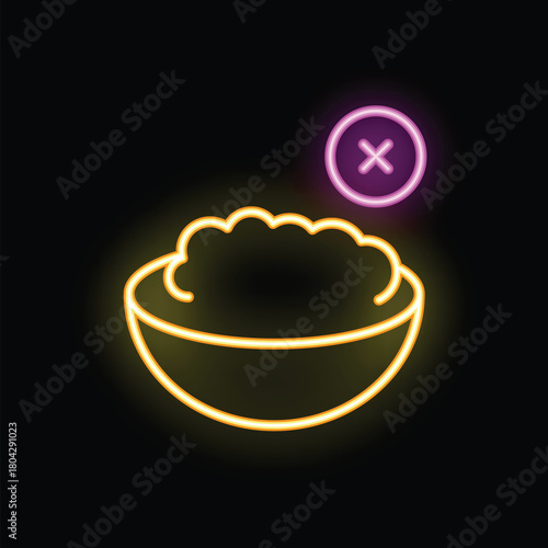 Neon sign illuminating a bowl of food with a cross mark symbolizing refusal