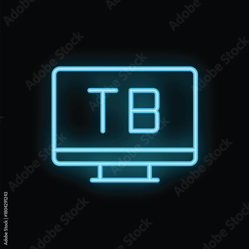 Blue neon computer screen displaying tb abbreviation on black background, concept for tuberculosis