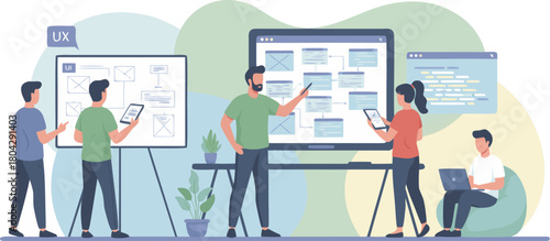 Team Developing UX/UI Layouts and Digital Workflow Concepts – Vector Illustration