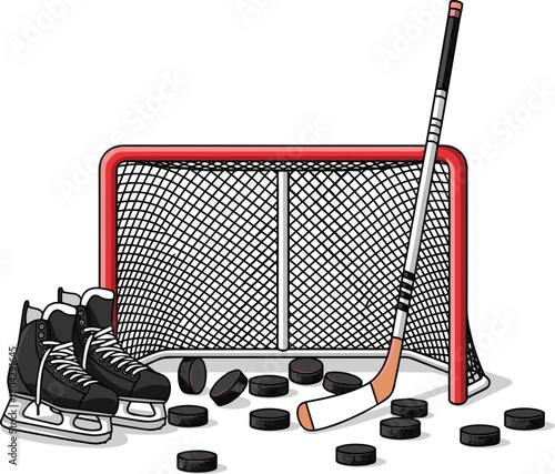 Create a Hockey Net Pucks Sports Equipment Game vector art with white background..