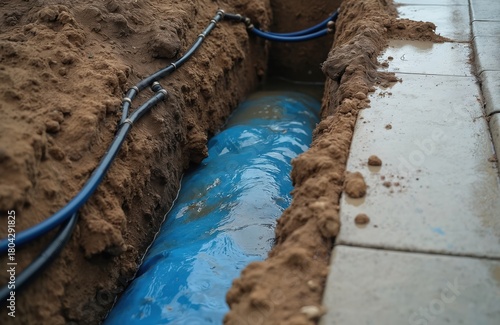 Wallpaper Mural Excavation ground trench filled with muddy water at construction site. Blue water supply pipe, electric cables installed underground in dirt. Laying new communication utility infrastructure network Torontodigital.ca