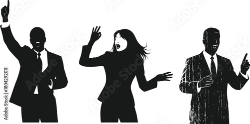 Silhouette business people presenting, leadership concept, public speaking, teamwork communication, motivational gesture, black and white vector illustration