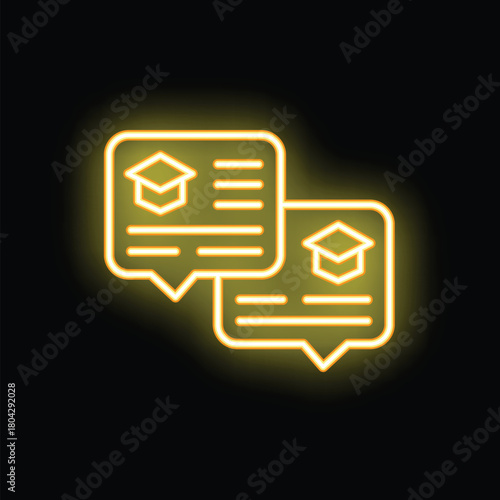 Glowing neon icon of two speech bubbles containing a graduation diploma, representing communication and discussion in the context of online education and learning platforms