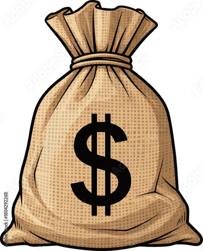 Create a Jute Money Bag with Imprinted Dollar Symbol vector art with white background.