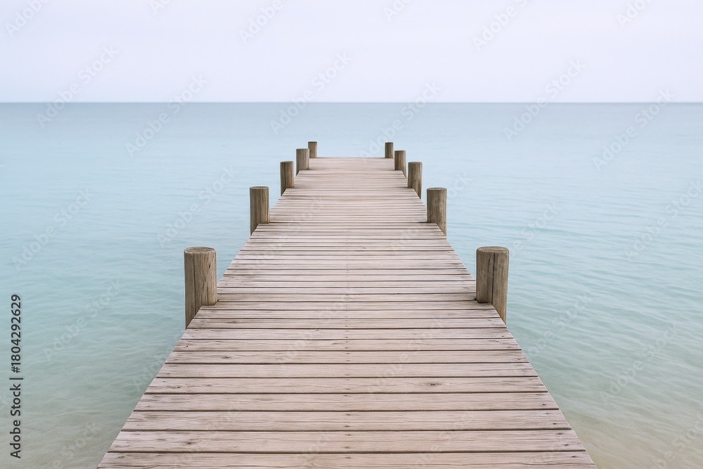 Fototapeta premium Wooden Pier Extending Over Calm Blue Ocean Waters, A Serene and Minimalist Coastal Scene