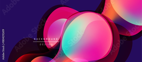 Abstract fluid shapes overlap, creating vibrant color gradients. Design features pinks, purples, turquoise hues against dark background. Modern aesthetic.