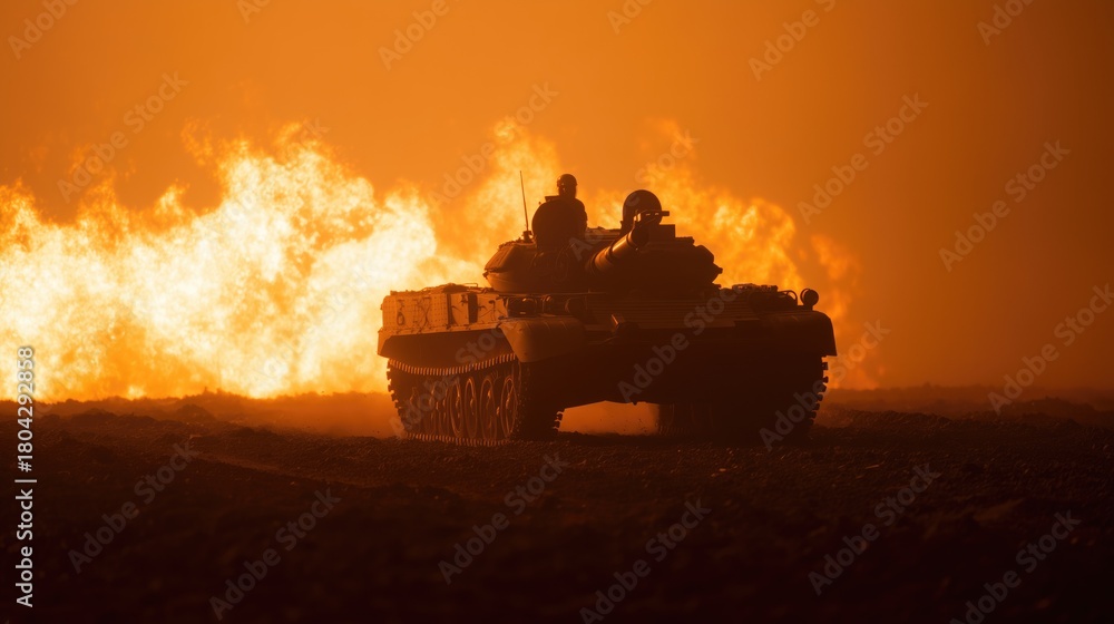 Fototapeta premium Caterpillar tank leaving the detonation zone on battlefield. War. Army machine. Invasion. Campaign