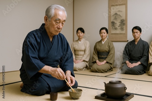 Traditional Japanese Tea Ceremony Featuring a Senior Man Preparing Matcha with Attentive Guests