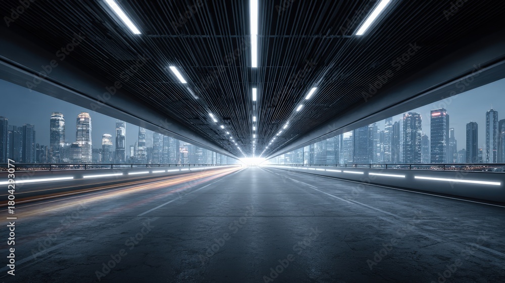 Fototapeta premium Urban Tunnel Perspective with Cityscape Background, Modern Architecture and Infrastructure for Transportation and Urban Development