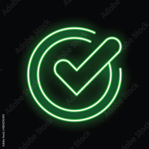 Bright green neon check mark is glowing inside of two circles on a black background