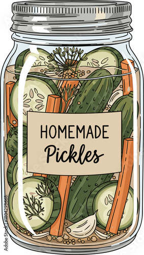 Create a Pickled cucumbers and carrots in a glass jar isolated PNG, homemade fermented vegetables for healthy eating vector art with white background.