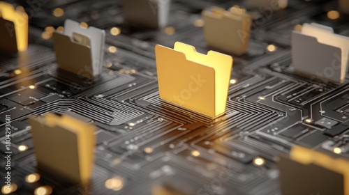 Digital folders arranged on futuristic tech circuit board. One glowing gold folder stands out, important data secure files. Image shows cloud storage, online database concepts, data protection,