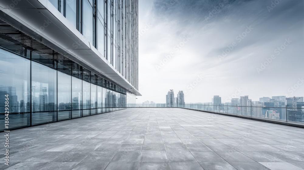 Obraz premium Modern Office Building Exterior with City Skyline and Glass Facade on Overcast Day