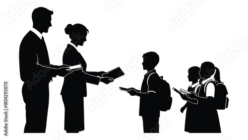 School teacher and students silhouette isolated on white background, Vector
