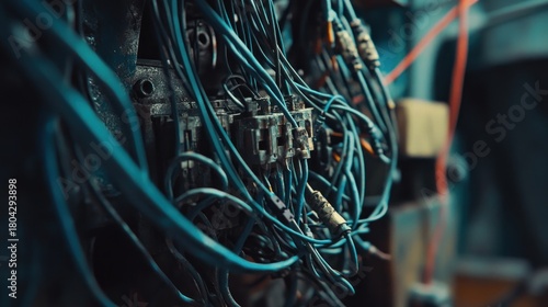 Close-up of tangled electrical wires and components.
