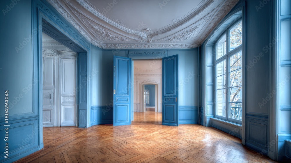 Obraz premium Elegant Blue Room with Parquet Flooring and Ornate Ceiling, Empty Interior Space for Design Mockups