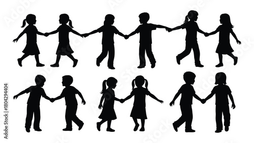 Children holding hands silhouettes isolated on white background, Vector