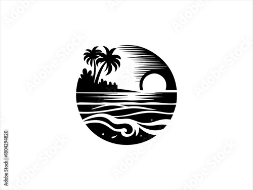 Beach landscape presented as a simple black vector emblem design. Nature scenery concept
