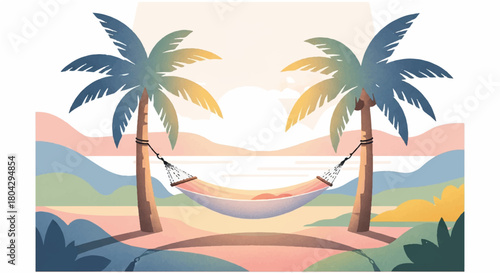 Relaxing on a Hammock Under Palm Trees A Peaceful Sunset Scene, Perfect for Vacation and Serenity, Enjoy the Calm