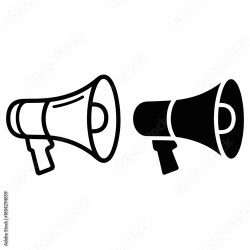 Megaphone Symbol: Two megaphone icons stand side by side, showcasing both the outline and solid versions, representing communication and announcement. 