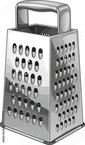 Create a Silver box grater isolated PNG on transparent background, kitchen utensil for grating cheese and vegetables, cooking tool vector art with white background..