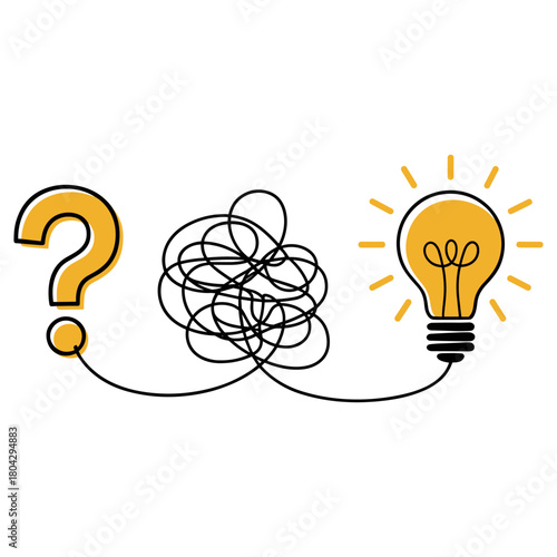 From Confusion to Illumination: This captivating image depicts the journey from a state of perplexity and complexity, symbolized by a question mark and tangled lines.