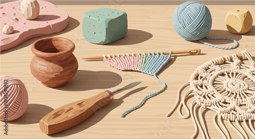 An assortment of crafting and hobby materials, showcasing knitting in progress, macrame, clay, and colorful yarn on a light wood background