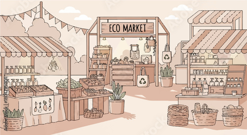 Charming Illustration of an Eco Market Scene with Stalls Selling Sustainable Products and Fresh Produce