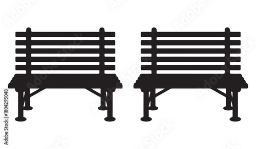  Two identical black wooden park benches shown from the front against a white background