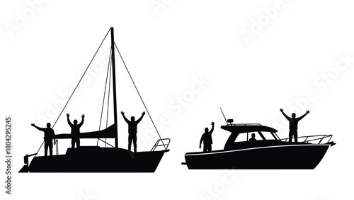 People celebrating on boats silhouette isolated on white background, Vector