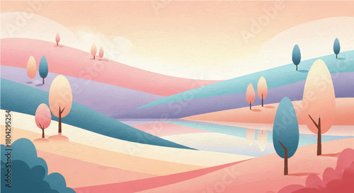 A Pastel Dreamscape Serene Rolling Hills and Trees Reflected in a Calm Body of Water Under a Soft Sky