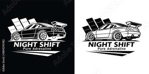 Night shift pure adrenaline sports car graphic with spoiler and racing elements, black and white design