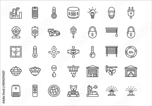 A comprehensive set of thin line icons representing smart home automation, IoT devices, and connected living technology concepts