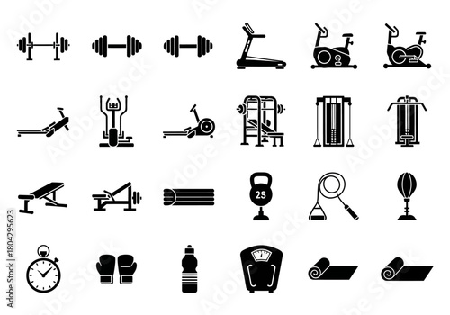 Comprehensive collection of monochrome gym equipment icons, including weights, machines, and fitness accessories for workout routines