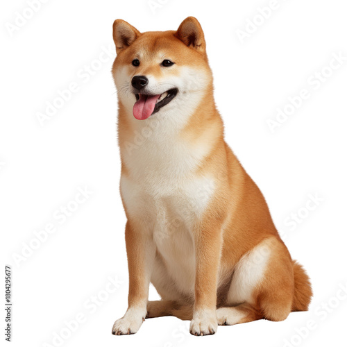 Loyal Companion: A Shiba Inu sits, exuding charm, with a playful smile and alert gaze. Its distinct coat gleams. 