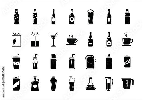 A comprehensive set of black glyph icons representing various beverages and drink containers. This vector collection includes bottles, cups, and glasses