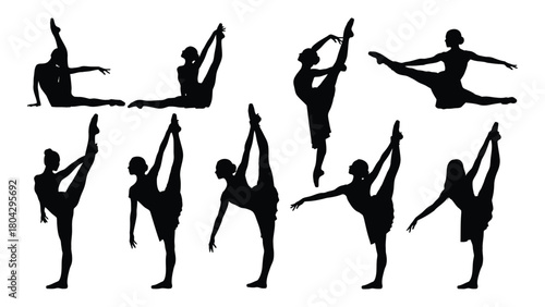 Collection of flexible dance and gymnastics silhouettes isolated on white background, Vector