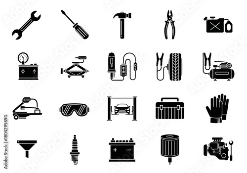 Auto mechanic and garage equipment silhouette icon collection. Vector graphic set for car service and maintenance