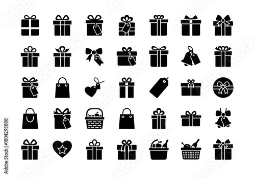 A comprehensive set of black silhouette gift icons, including various present boxes, shopping bags, bows, and tags for celebration design npm34.eps