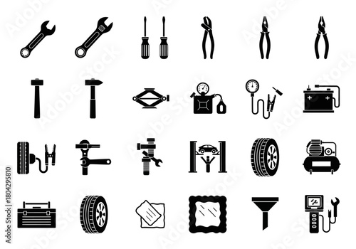 A comprehensive vector icon set of car service and auto repair tools for vehicle maintenance, garage, and mechanic workshop concepts